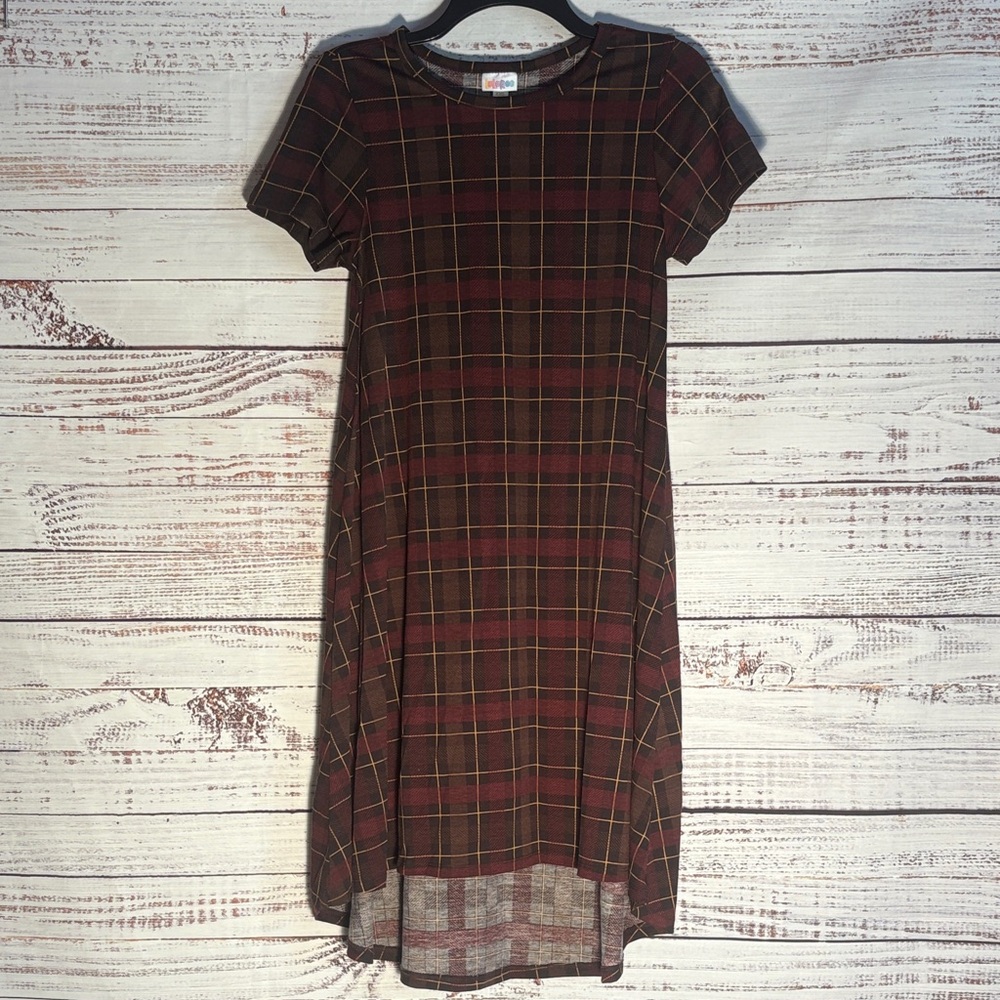 LuLaRoe Plaid Hi Low Dress in Burgundy and Yellow
